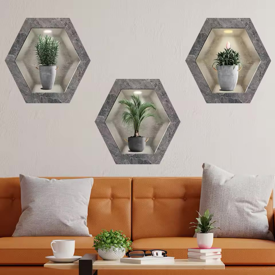 3D Hexagonal Potted Plant Wall Art