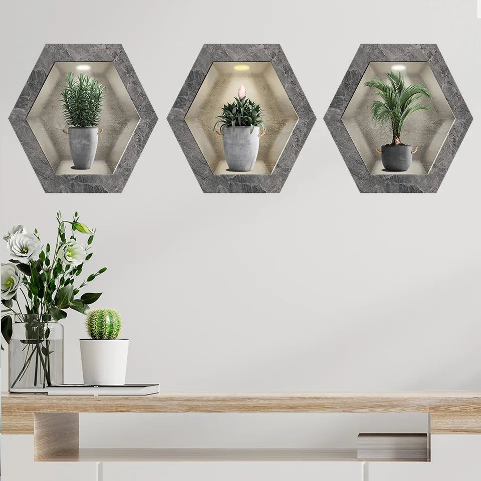 3D Hexagonal Potted Plant Wall Art